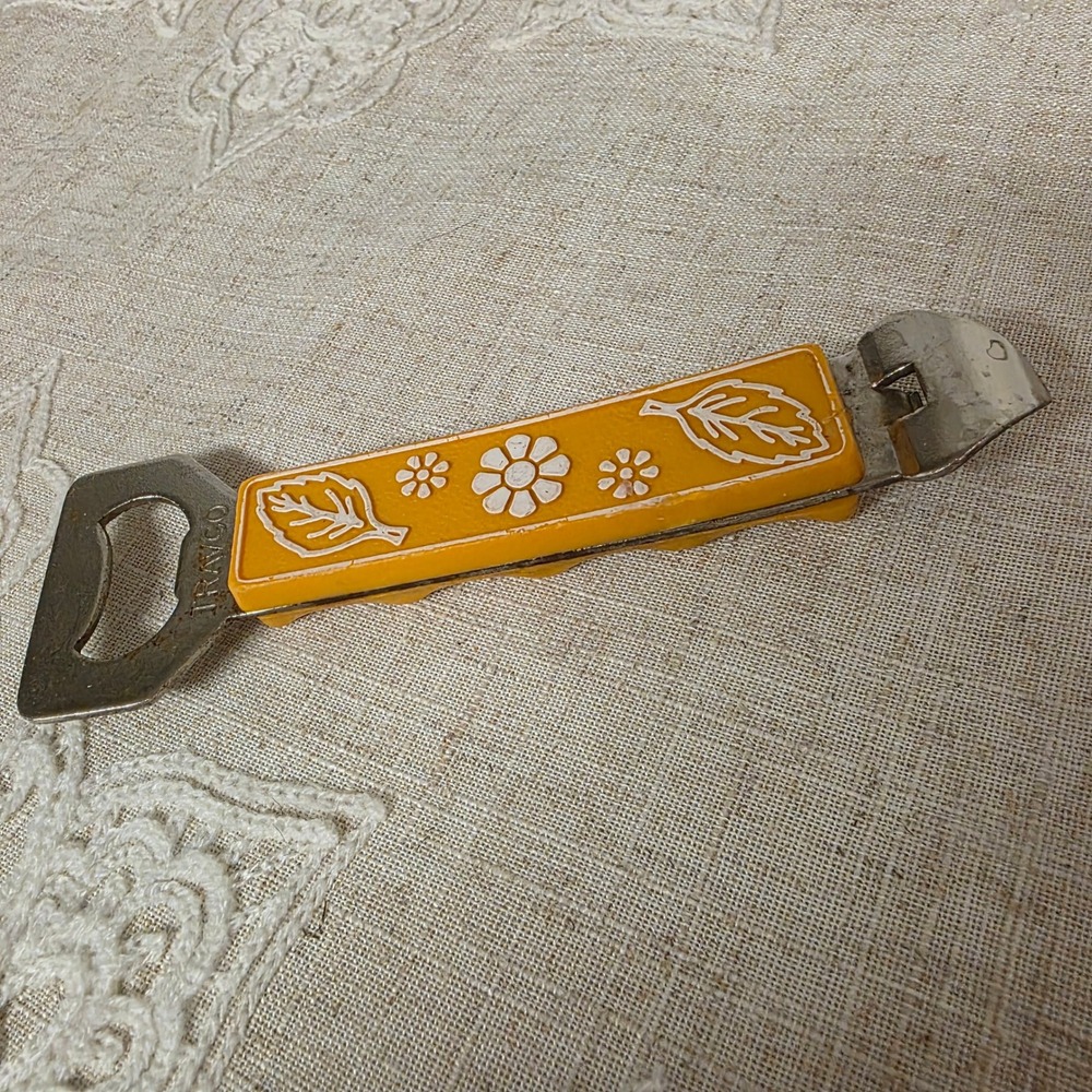 Vintage Travco 70s Yellow Bottle Opener Can Piercer Floral Leaf Mid Century Tool